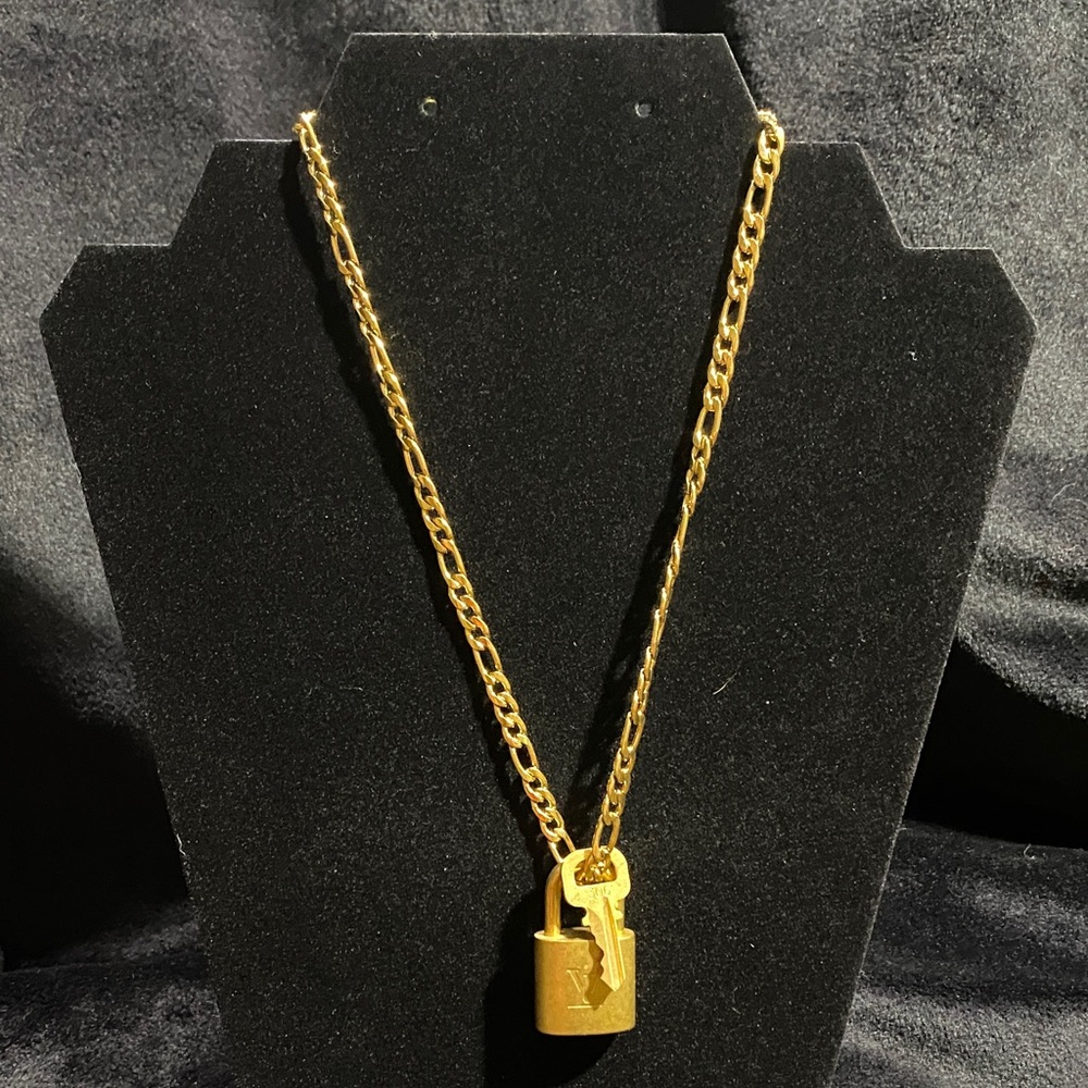 Louis Vuitton Gold Padlock Pendant #306 on Chain Necklace